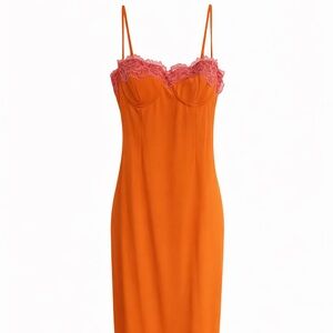 Orange Lace Trim Midi Dress